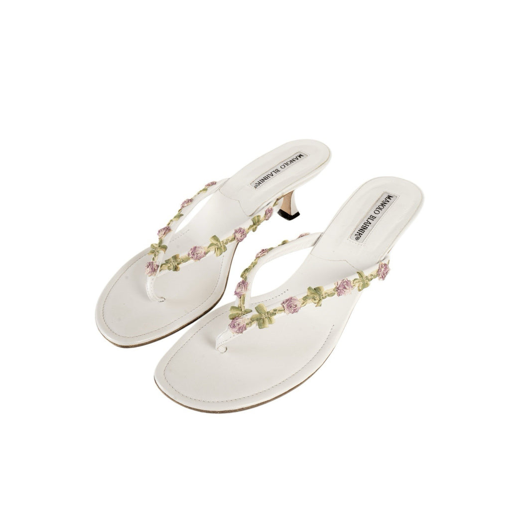 Manolo Blahnik White & Pink Floral Appliqué Leather Thong Sandal Heels