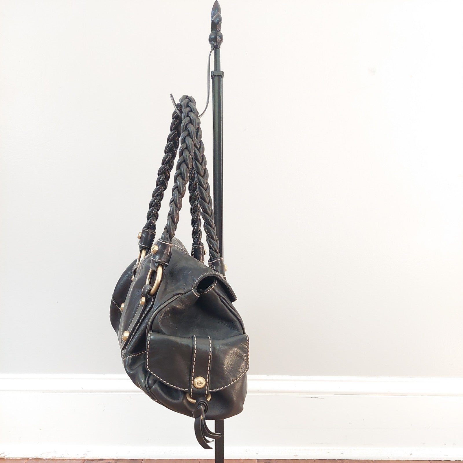 Francesco Biasia Medium Black Leather Shoulder Bag with Braided Top and Double Handles