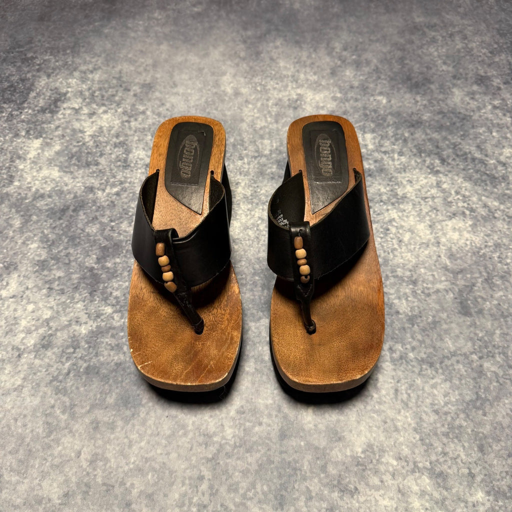 Bongo Wooden Platform Wedge Sandals Black Leather Beaded Brazil Size 8