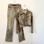 Roberto Cavalli 2003 Printed Denim Jacket and Jeans Set Distressed Floral