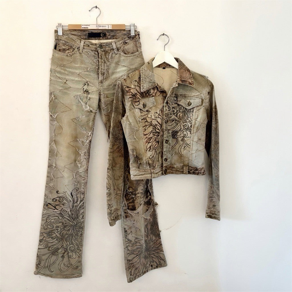 Roberto Cavalli 2003 Printed Denim Jacket and Jeans Set Distressed Floral