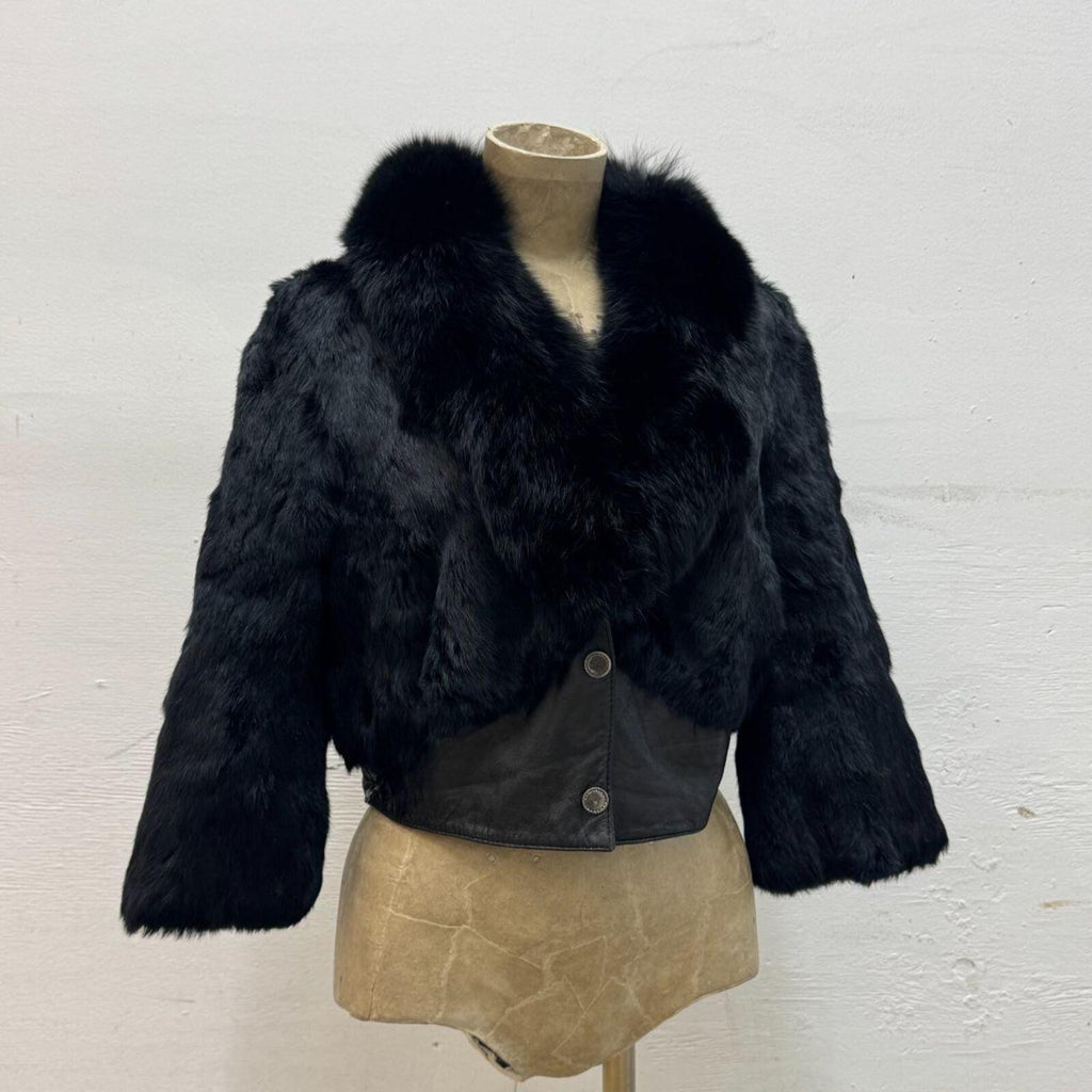 Y2K Black Rabbit and Fox Fur Leather Crop Jacket