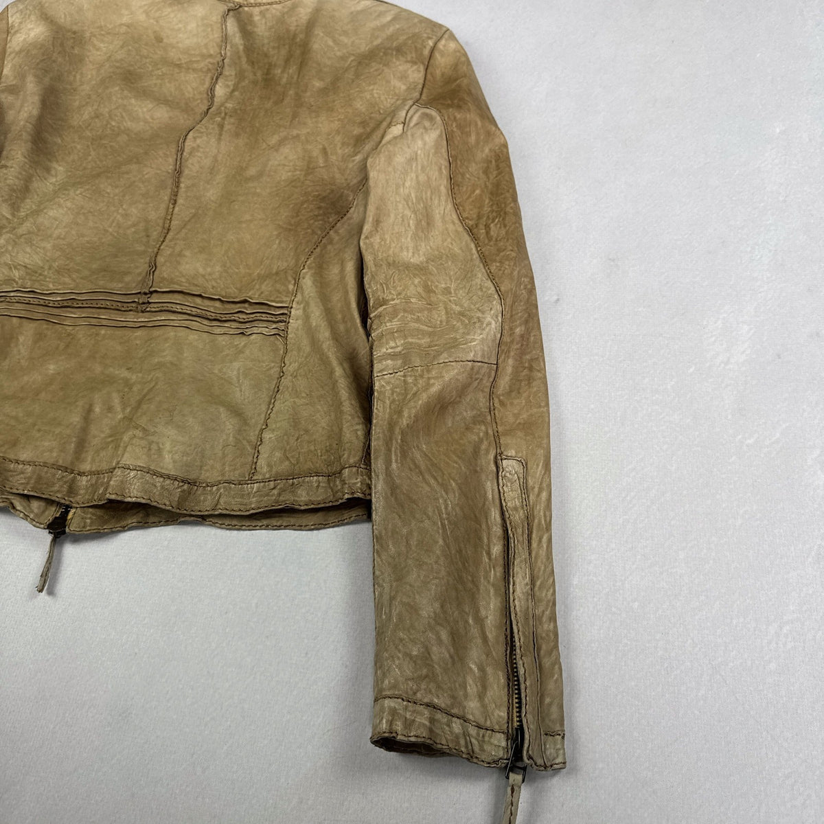 Vintage Beige Genuine Leather Cropped Moto Jacket