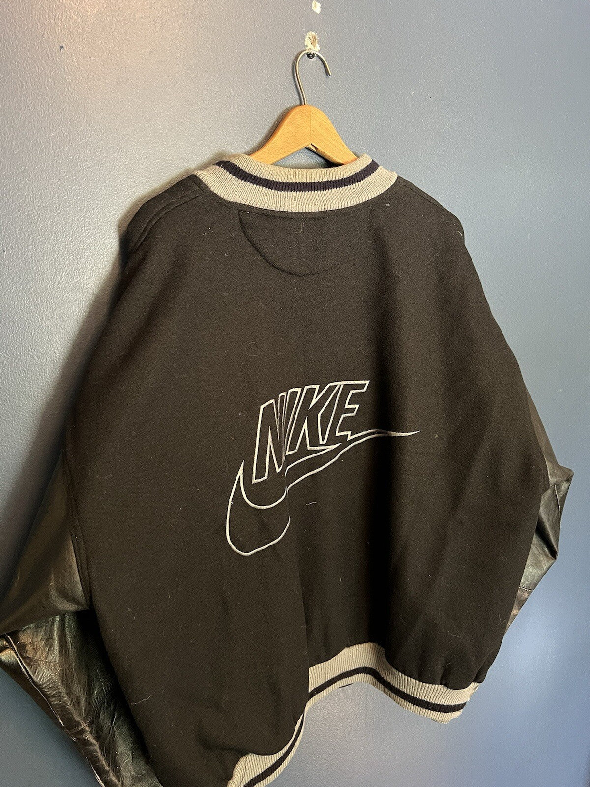 Vintage 90’s Nike Grey Tag Baseball Wool Varsity Embroidered Jacket Size XL