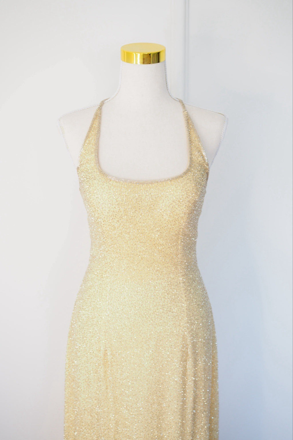Vintage 90s Gold Beaded Sequin Silk Halter Gown Size S
