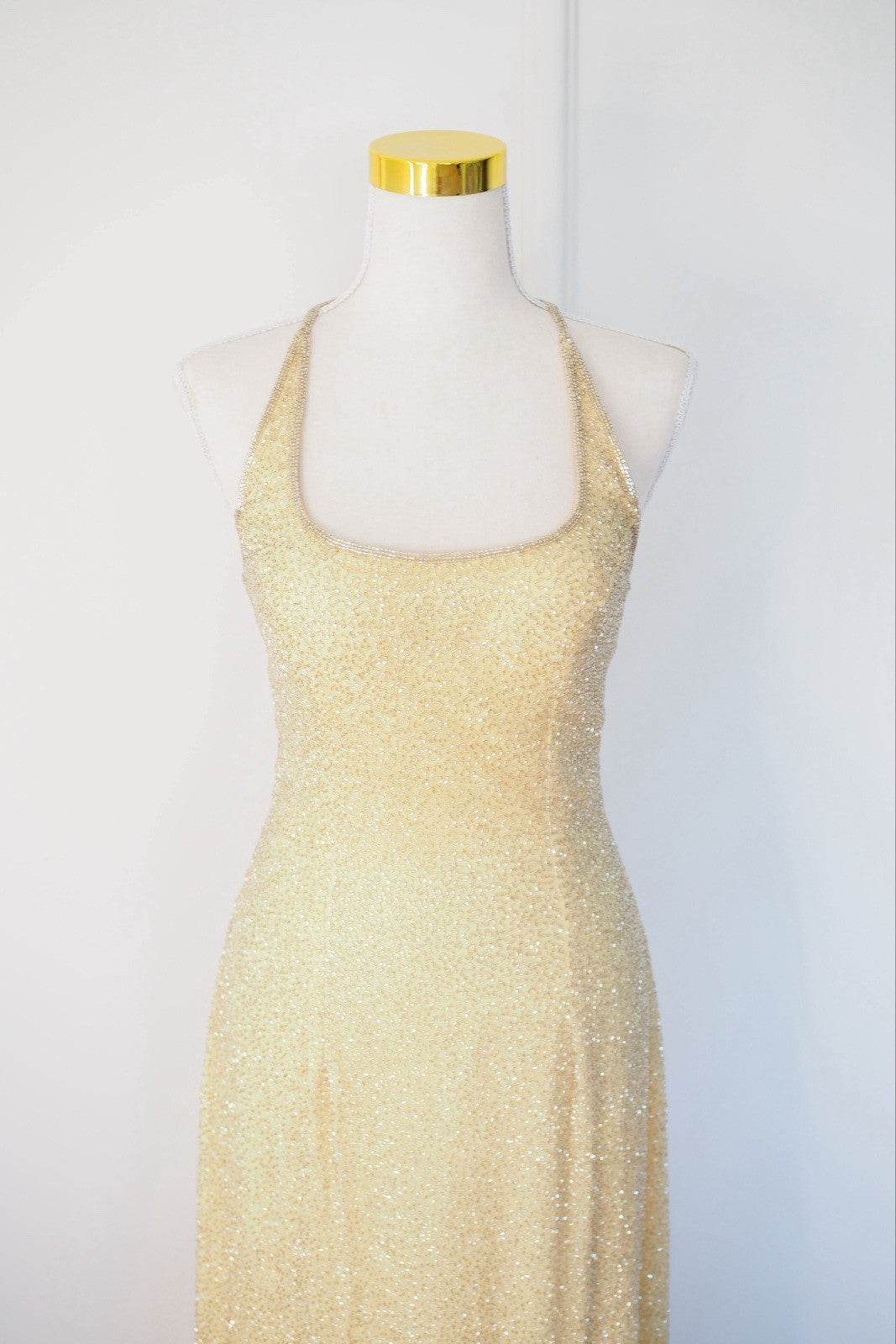Vintage 90s Gold Beaded Sequin Silk Halter Gown Size S