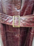 Vintage Long Leather Coat with Removable Fur Collar Brown Women's
