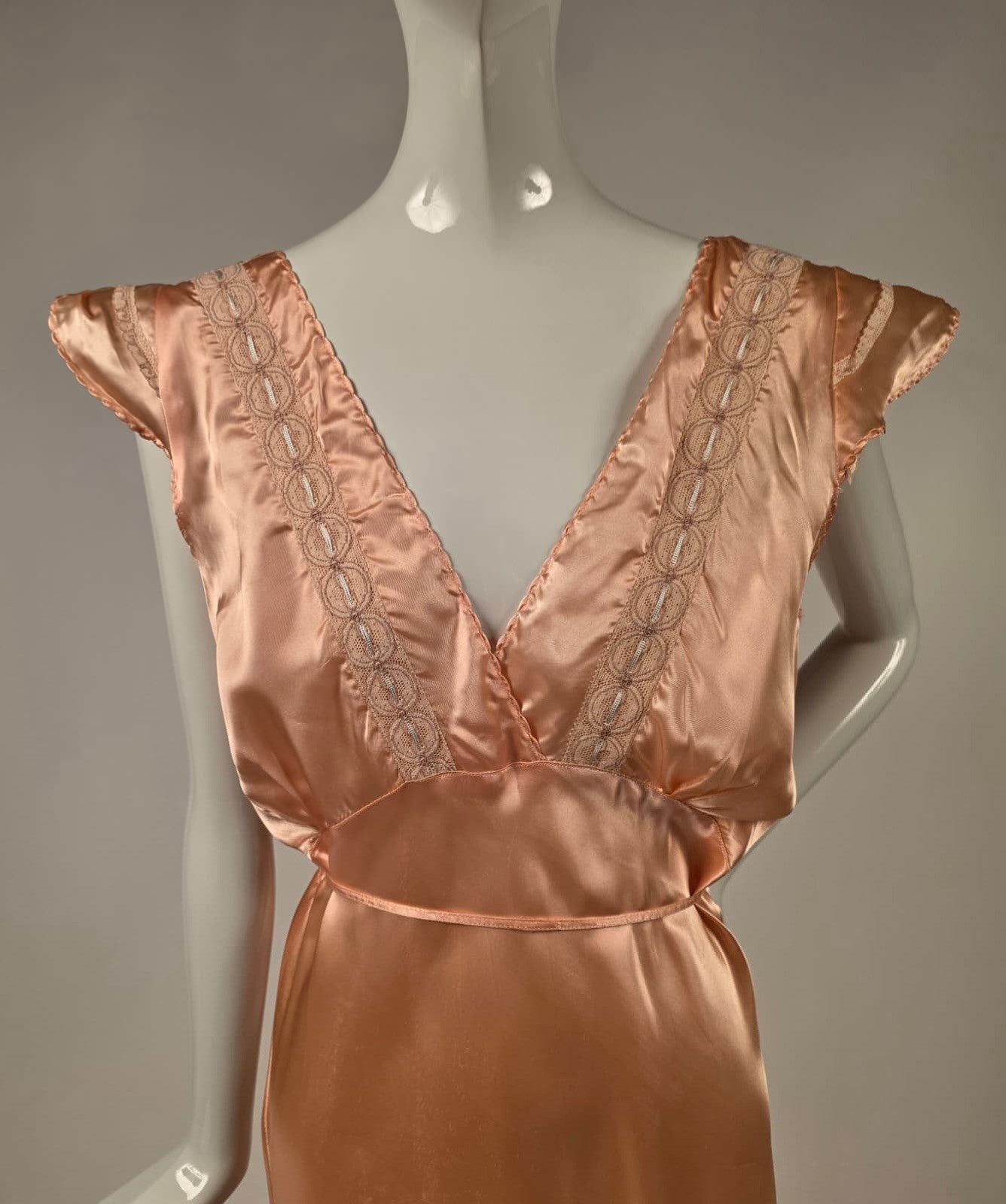 1930s Peach Acetate Slip Dress with Embroidered Ring Detail