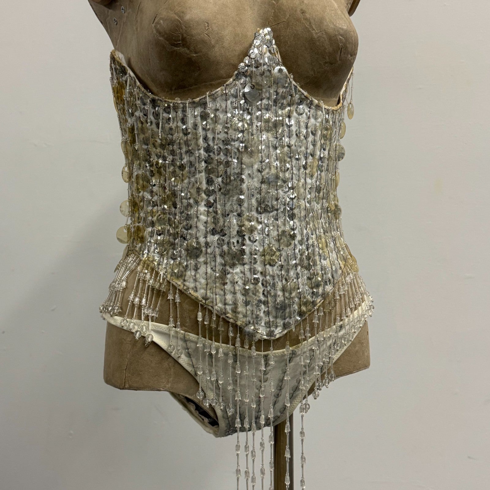 Vintage Silver Sequin Corset Showgirl Costume Set Beaded Fringe