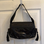 Francesco Biasia Vintage Black Leather Butterfly Embroidered Tassel Boho Bag