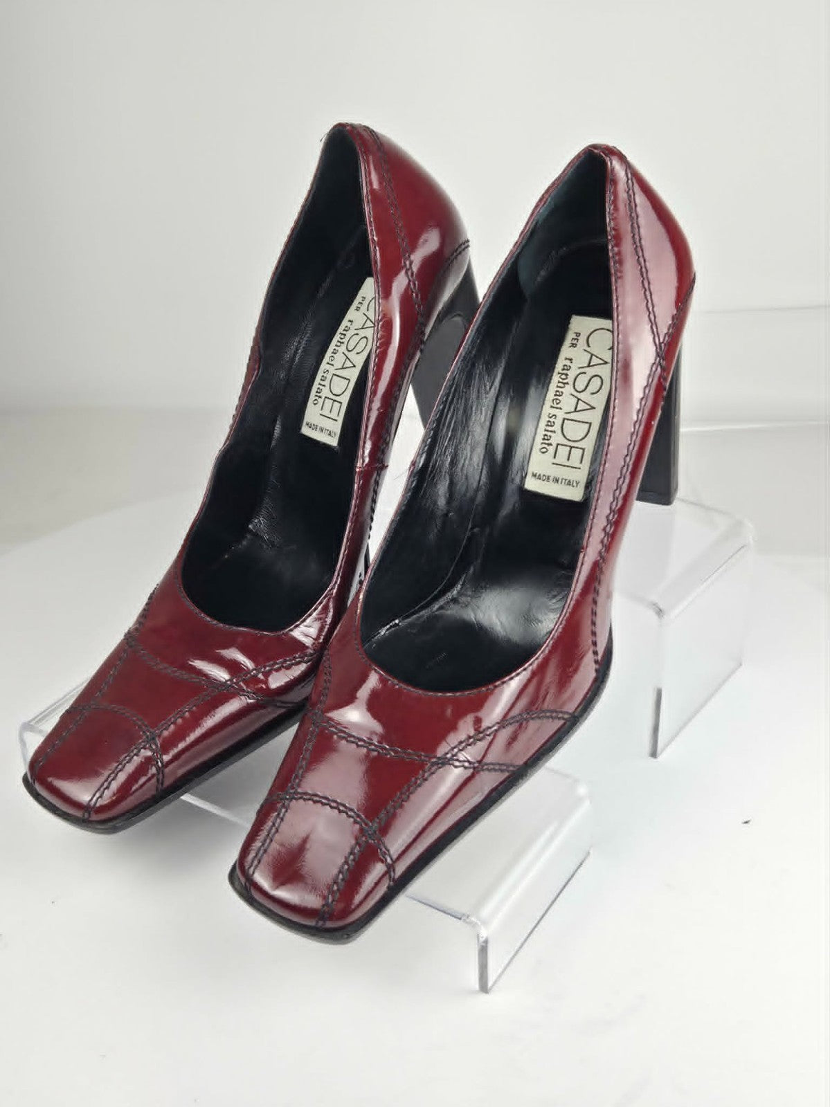 Vintage Casadei Red Patent Leather Block Heel Square Toe Pumps - Size 9