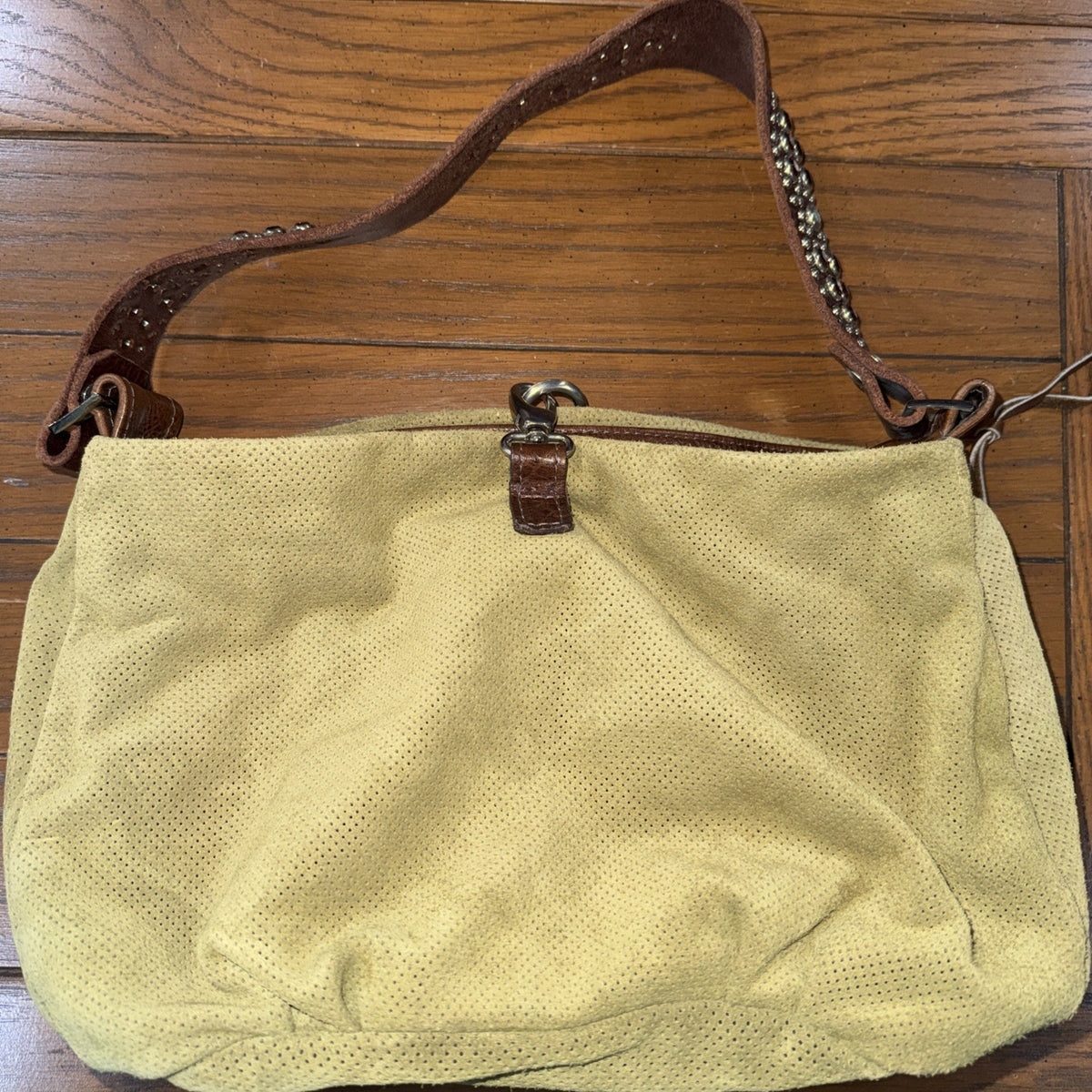 Tylie Malibu Green Perforated Suede Studded Gemstone Strap Bag Small