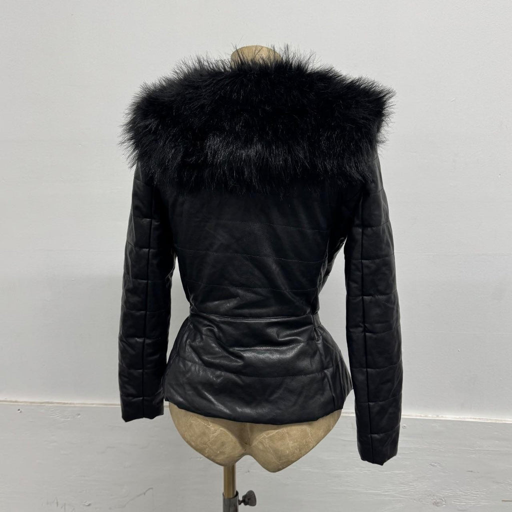 Vintage Y2K Black Leather Quilted Jacket with Faux-Fur Trim