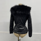 Vintage Y2K Black Leather Quilted Jacket with Faux-Fur Trim