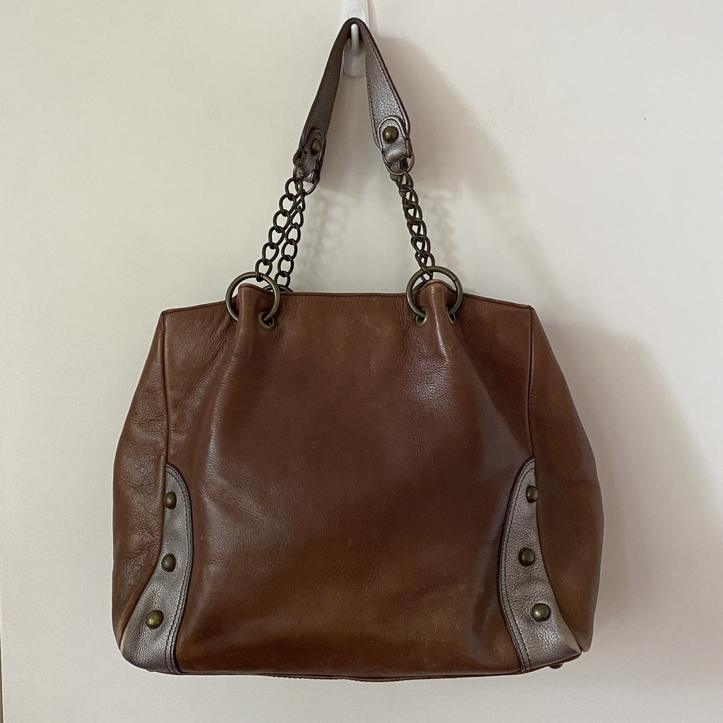 Anna Sui Brown Pewter Studded Leather Chain Tote Bag