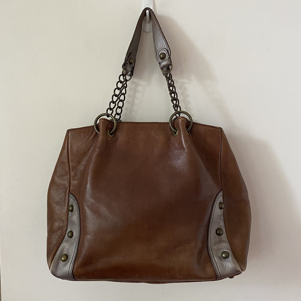 Anna Sui Brown Pewter Studded Leather Chain Tote Bag