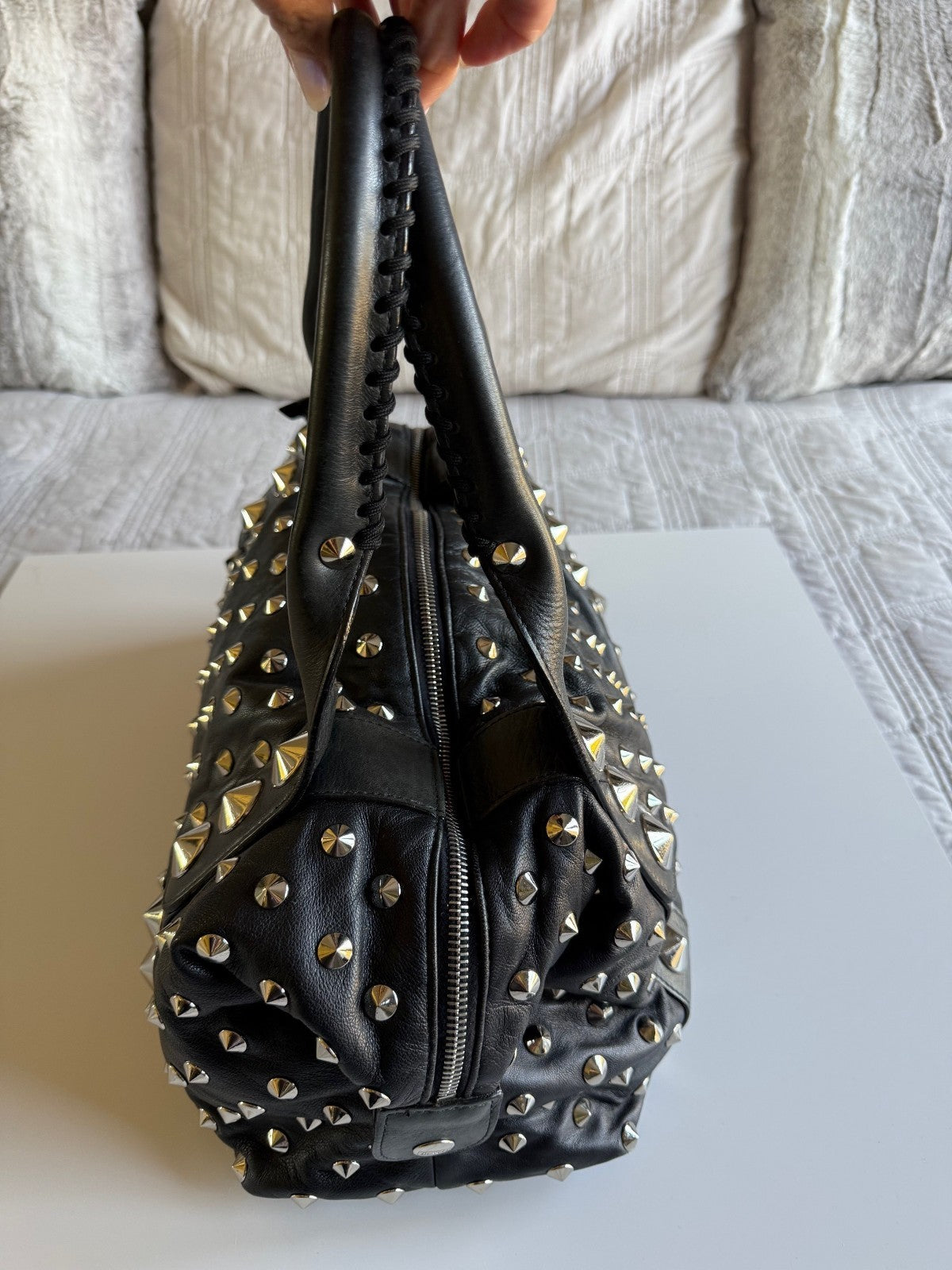 BE&D The Garbo Black Lambskin Leather Studded Bell-Shaped Satchel