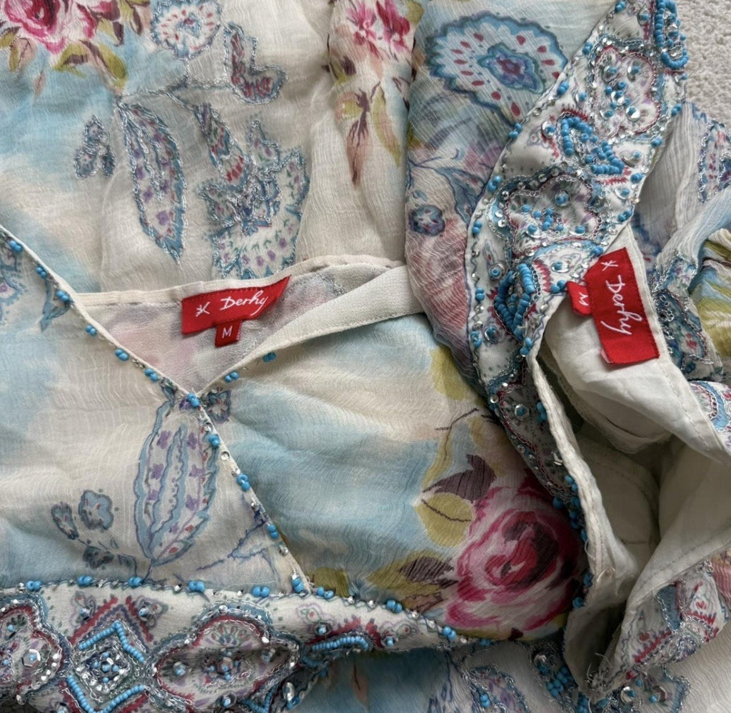 René Derhy Blue Floral Embellished Top and Skirt Set