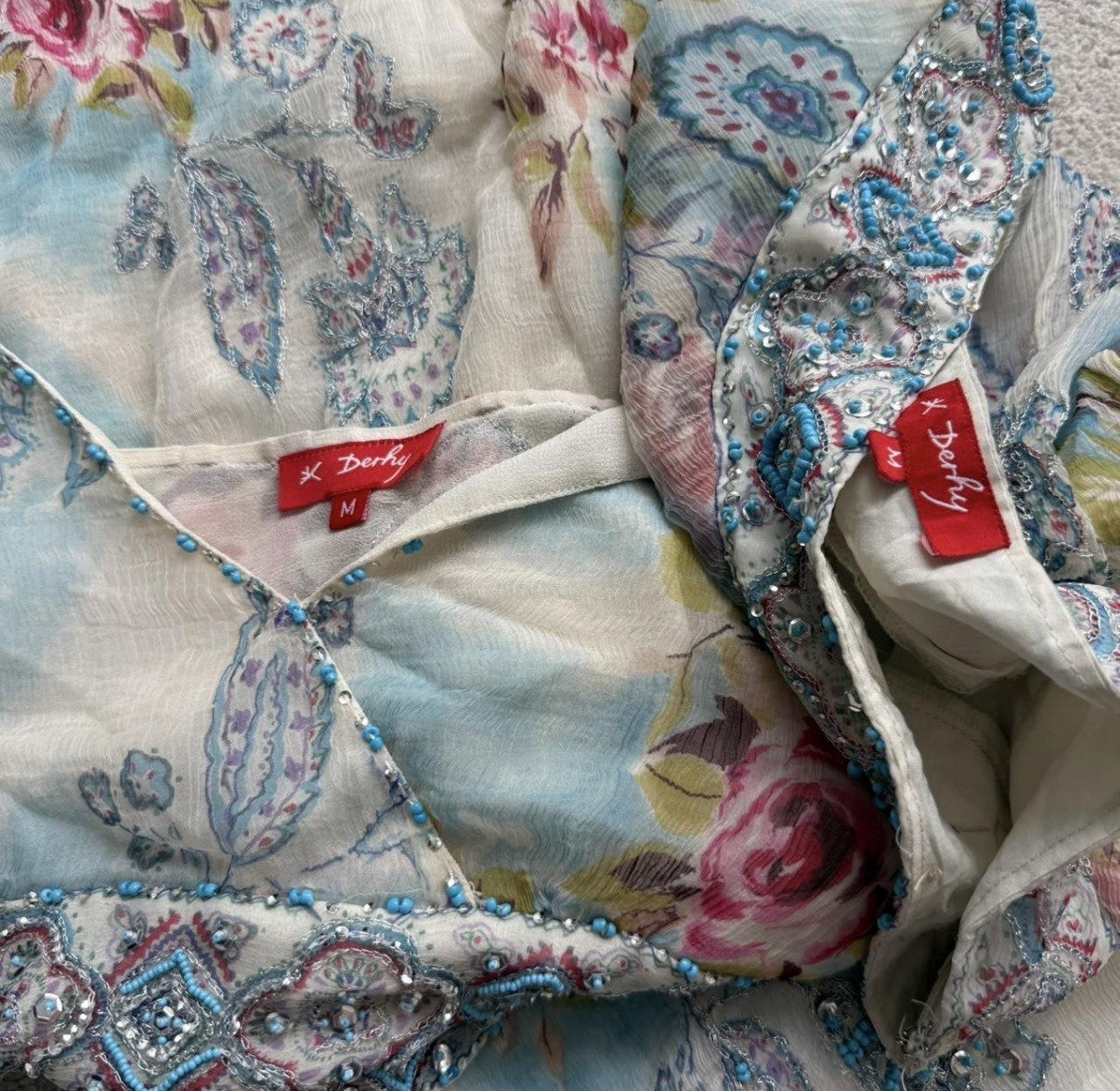 René Derhy Blue Floral Embellished Top and Skirt Set