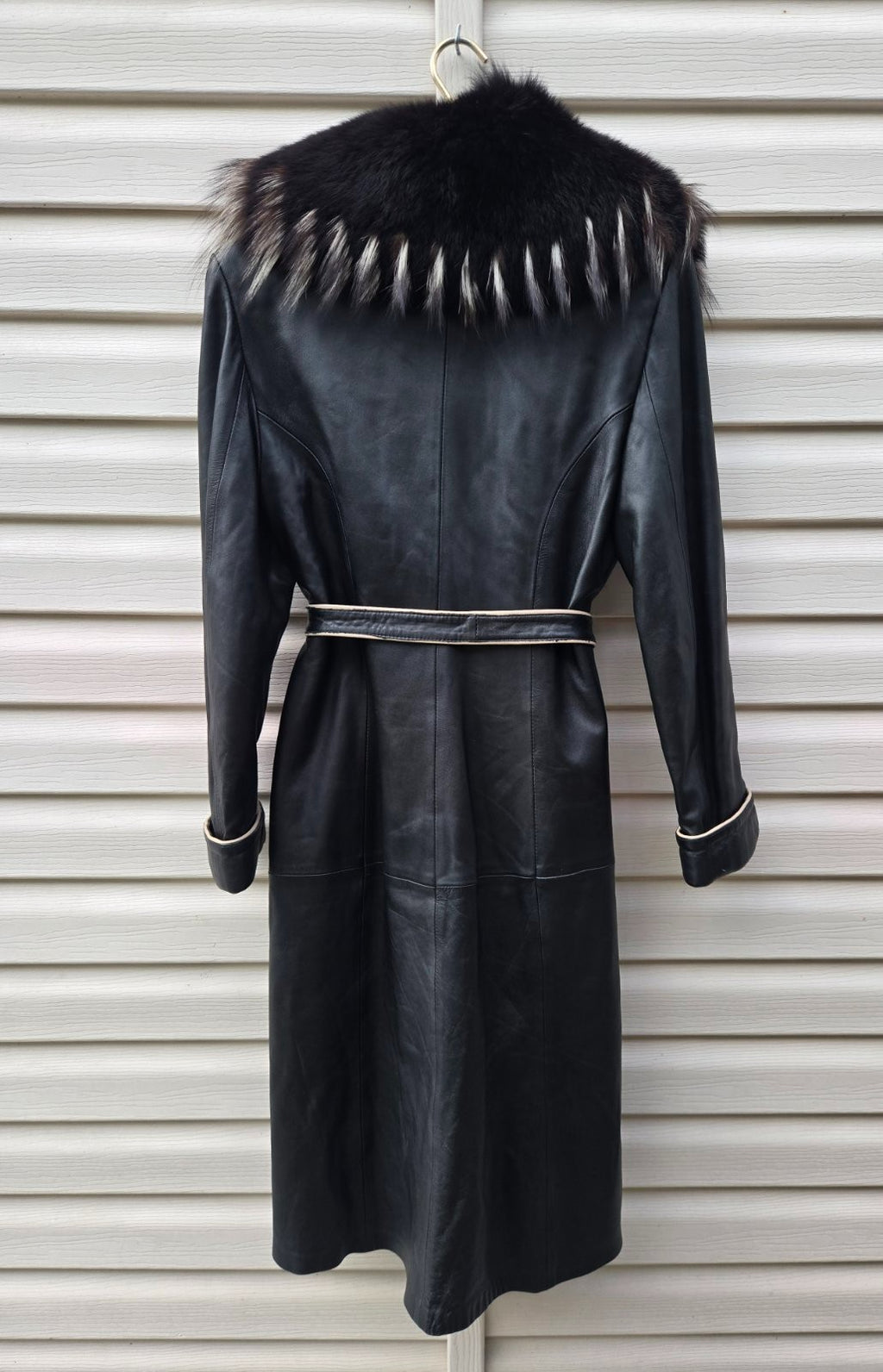 Vintage Y2K Black Leather Coat with Fox Fur Collar and Cuffs