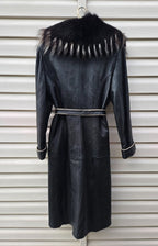 Vintage Y2K Black Leather Coat with Fox Fur Collar and Cuffs