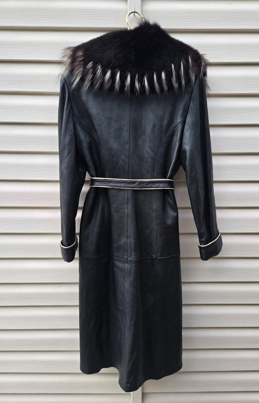 Vintage Y2K Black Leather Coat with Fox Fur Collar and Cuffs