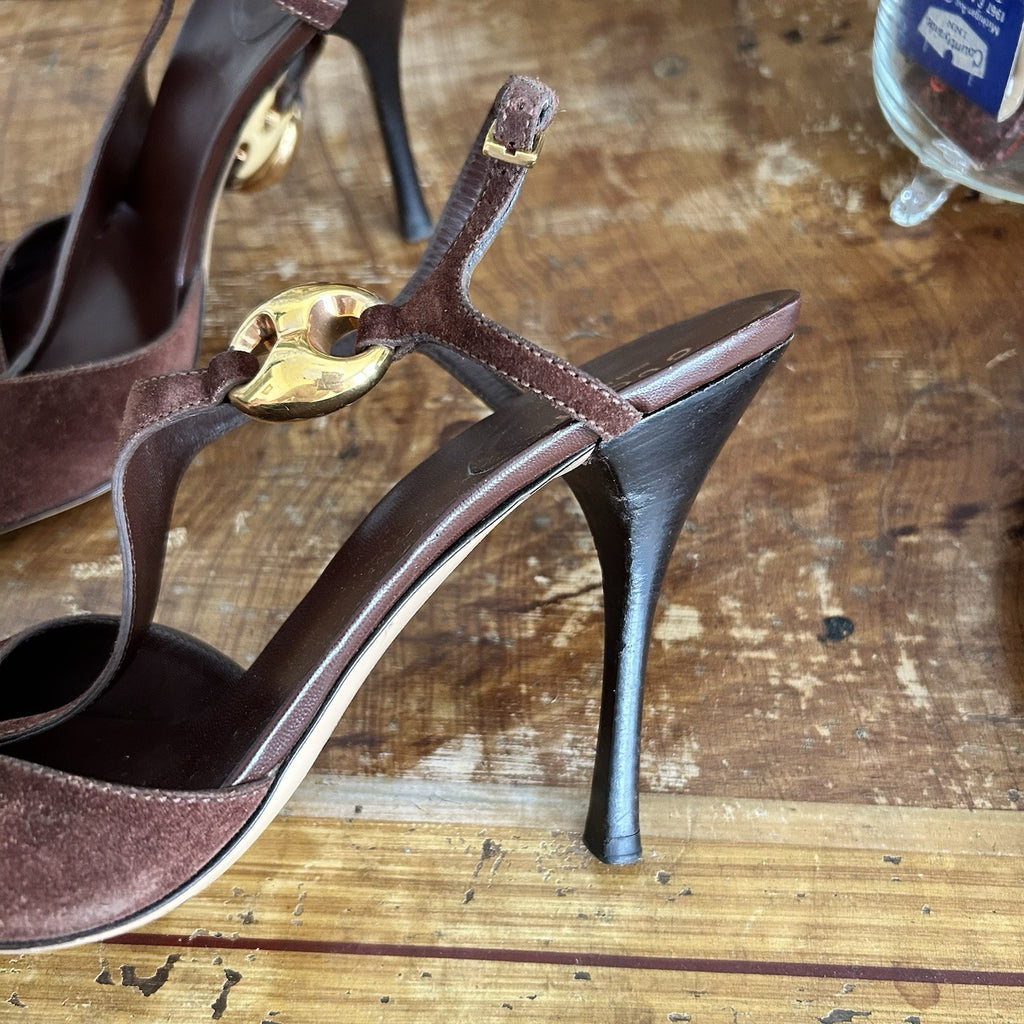 Vintage Gucci Brown Suede Heels with Gold Hardware Tom Ford 1990s Era
