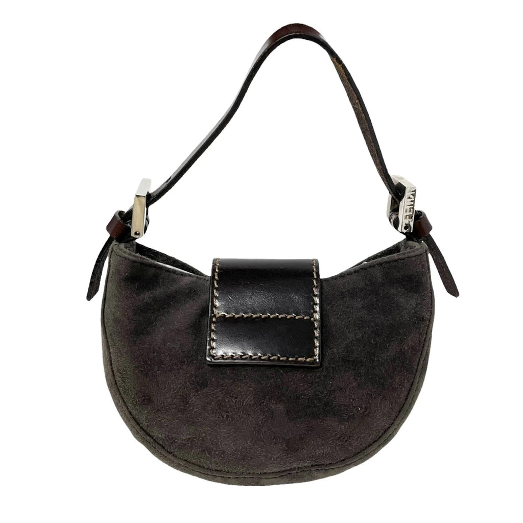 FENDI Vintage FF Logo Micro Croissant Suede Mini Bag Pochette Gray Brown Silver