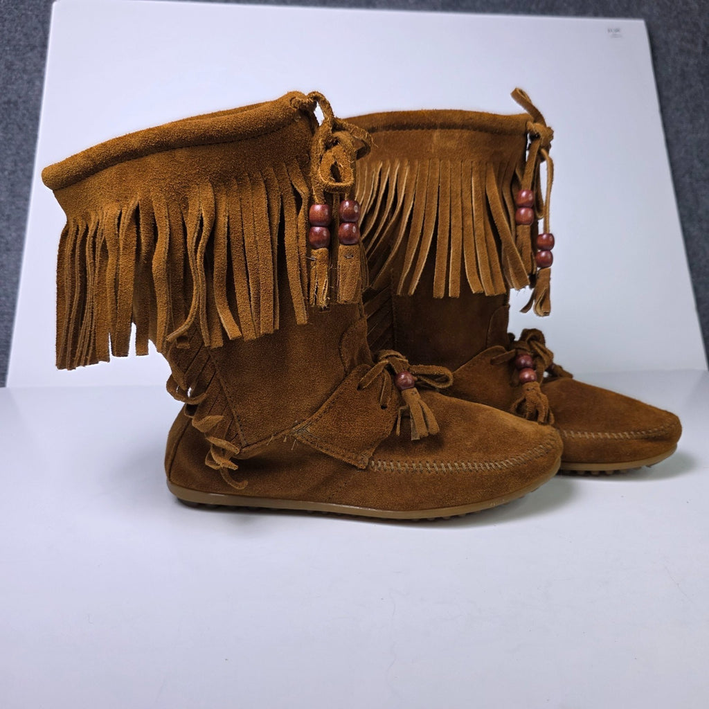 Minnetonka Woodstock Fringe Boots Women's Brown Suede Leather Beads Western - 8