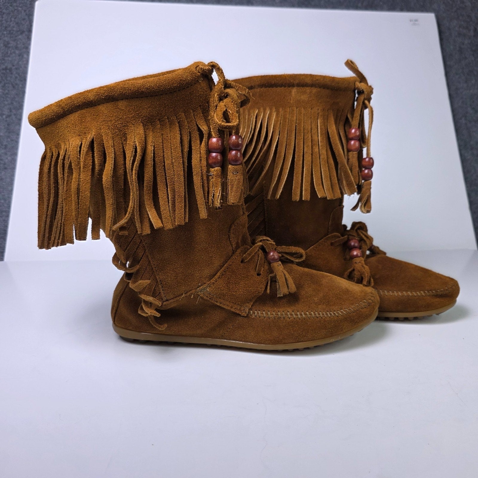 Minnetonka Woodstock Fringe Boots Women's Brown Suede Leather Beads Western - 8