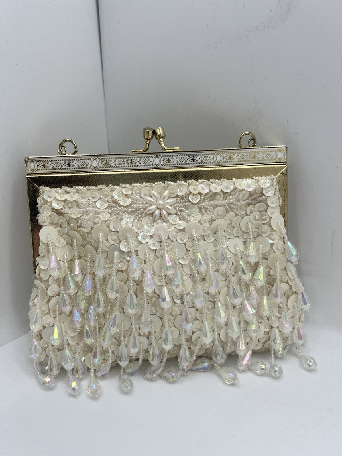 Vintage Evening Bag White/Cream Beaded Clutch Purse W/Chain Handle - Hong Kong