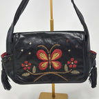 Francesco Biasia Vintage Black Leather Butterfly Embroidered Tassel Boho Bag