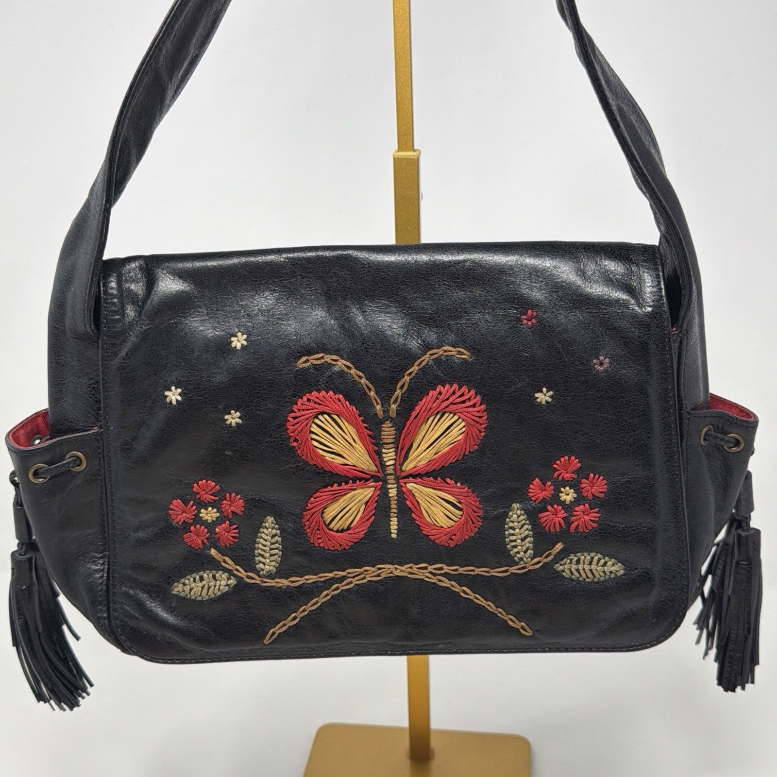 Francesco Biasia Vintage Black Leather Butterfly Embroidered Tassel Boho Bag