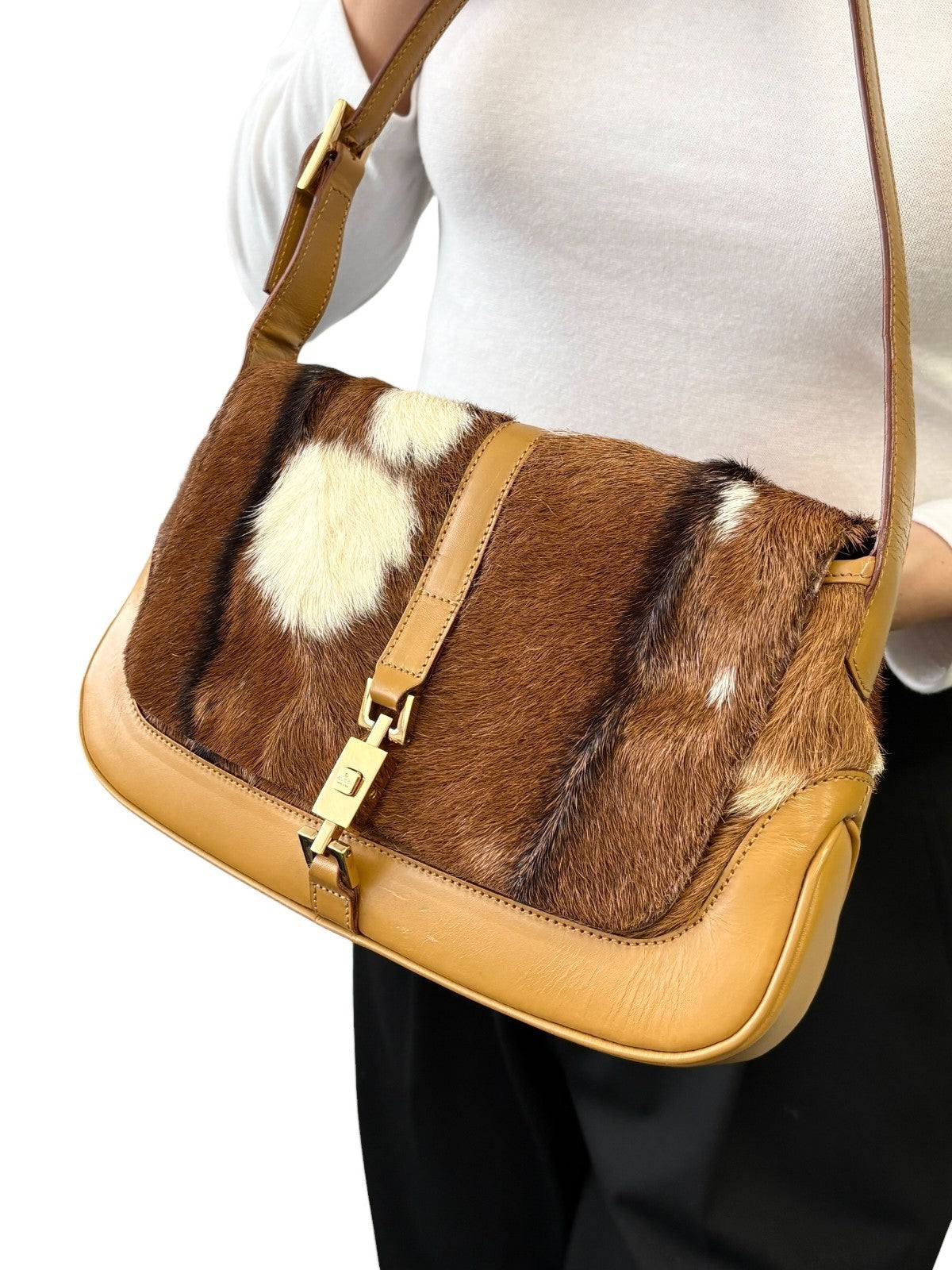 GUCCI Vintage Jackie Cow Pony Calf Hair Shoulder Bag Brown Camel Leather