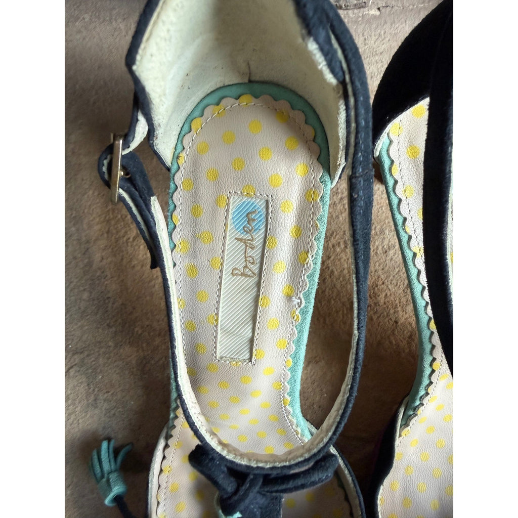 Boden Alice Suede T-Strap Tassel Pointed Toe Pumps Purple Navy Teal EU 37