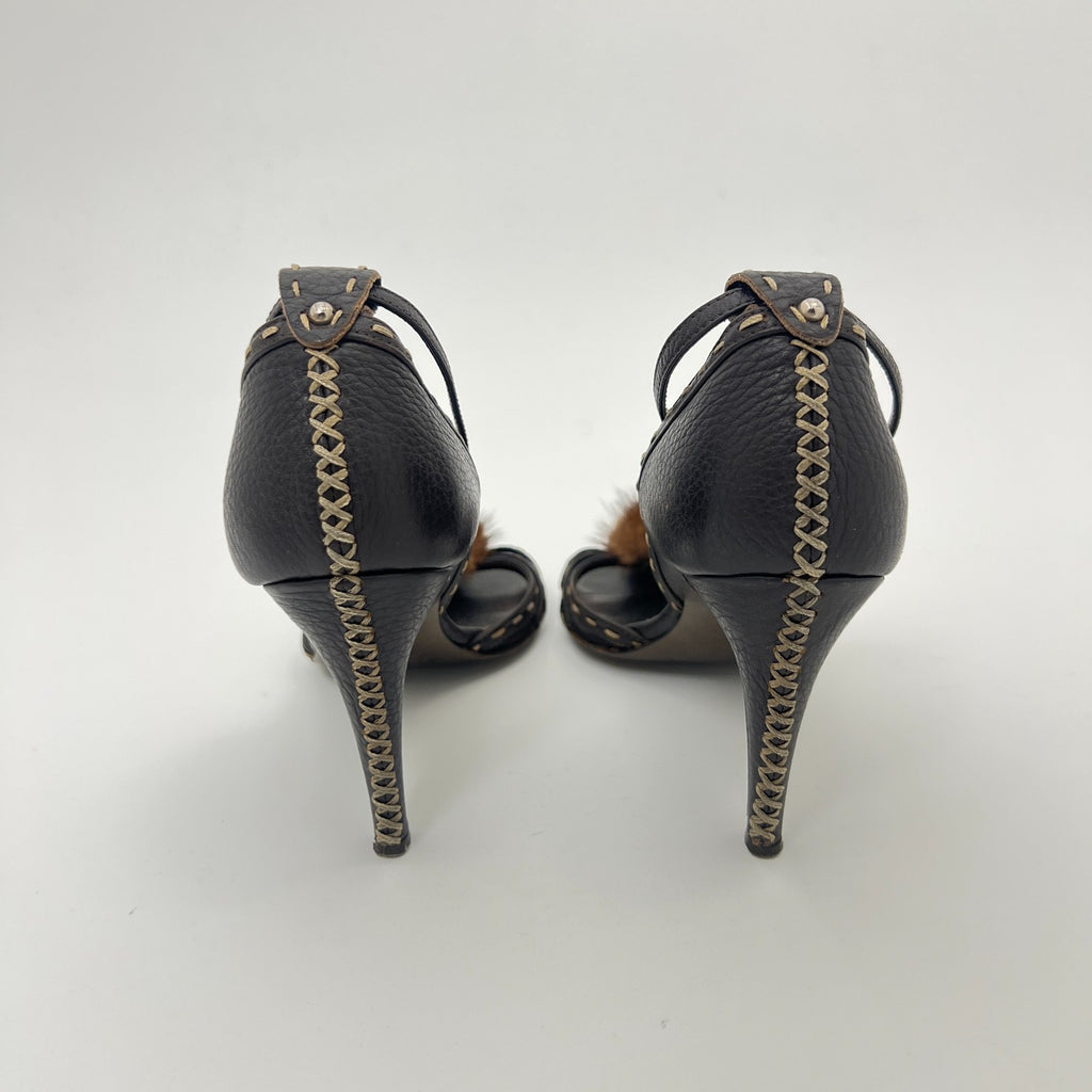 Fendi | Auth Selleria Brown Leather Mink Fur Camellia Ankle Strap Stiletto (35)