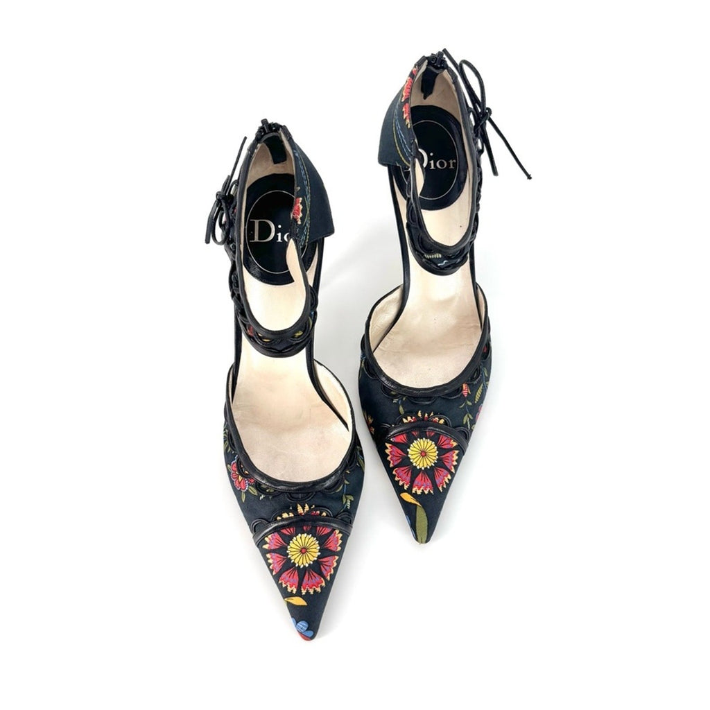 Vintage Dior SS 2002 Floral Print Bow Detail Pointed Toe High Heel Pumps 40.5
