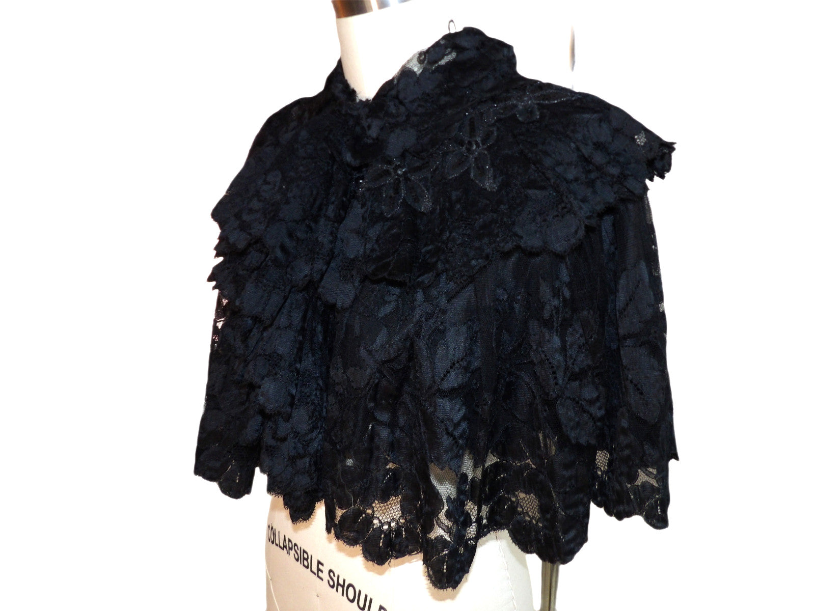 Vintage 1800's Victorian Gothic Black Lace Capelet w/ Beads  + Ruffle Size Small
