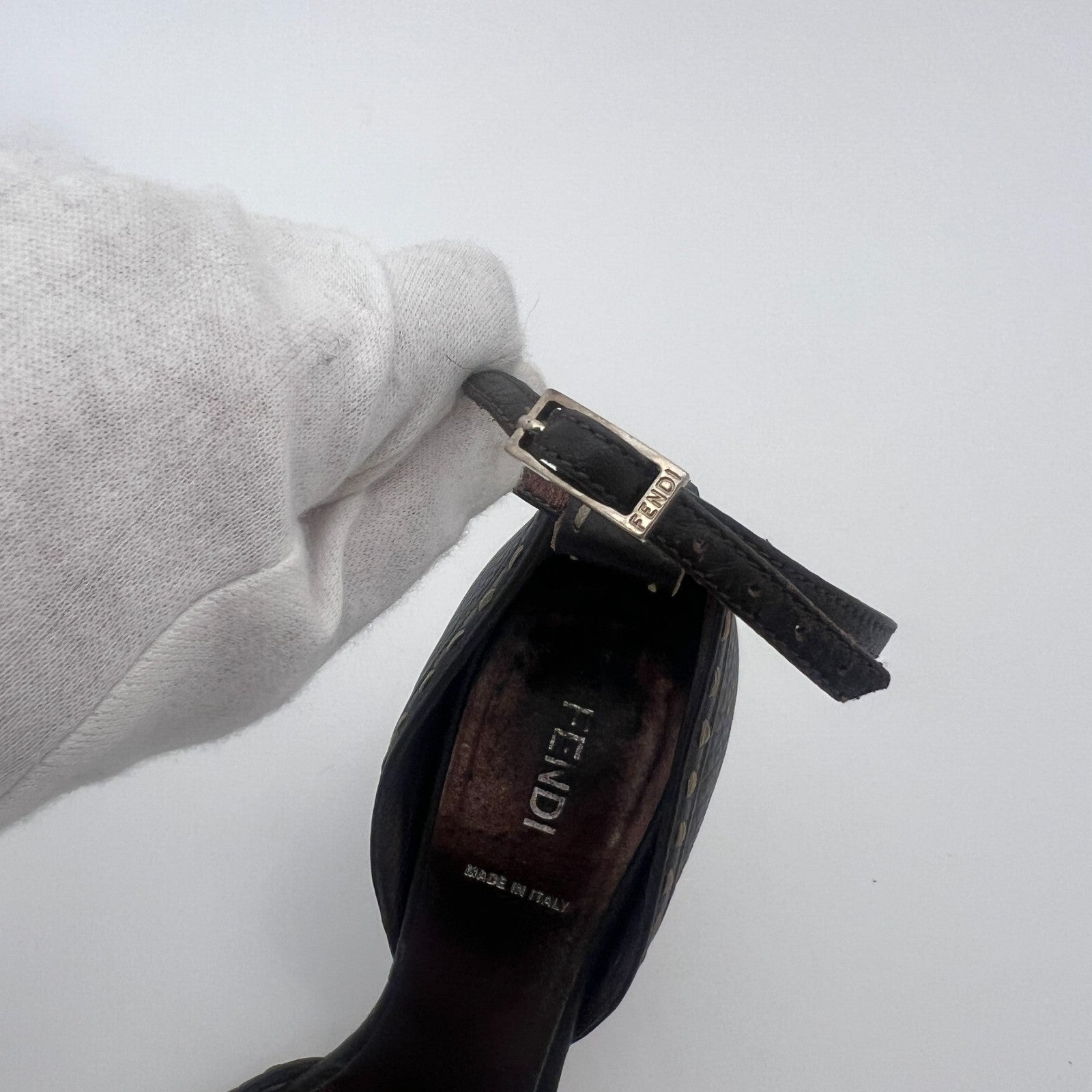 Fendi | Auth Selleria Brown Leather Mink Fur Camellia Ankle Strap Stiletto (35)