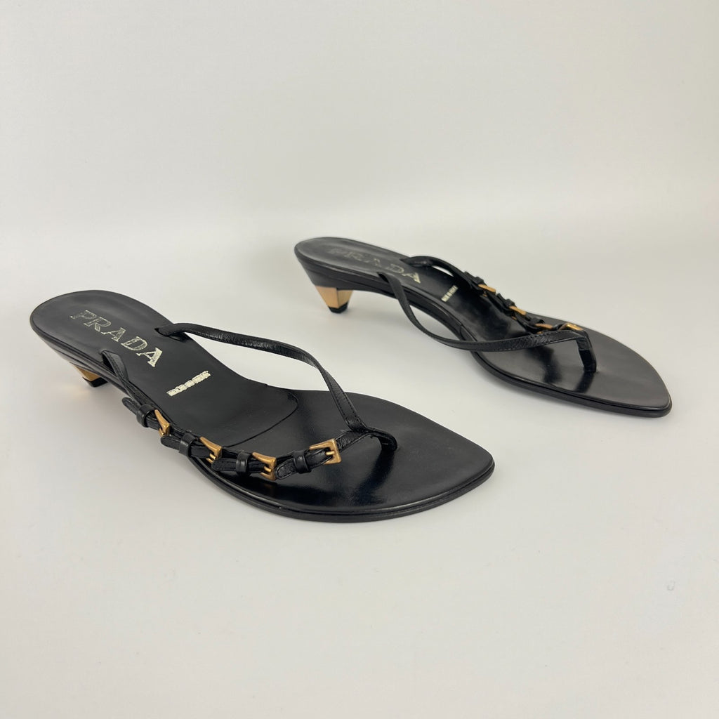 Prada | Auth Vintage Black Leather Gold Buckle Thong Kitten Heels (34.5)