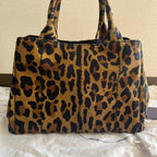 PRADA Canapa Leopard Print 2Way Tote Bag Brown Canvas USED from Japan #SA
