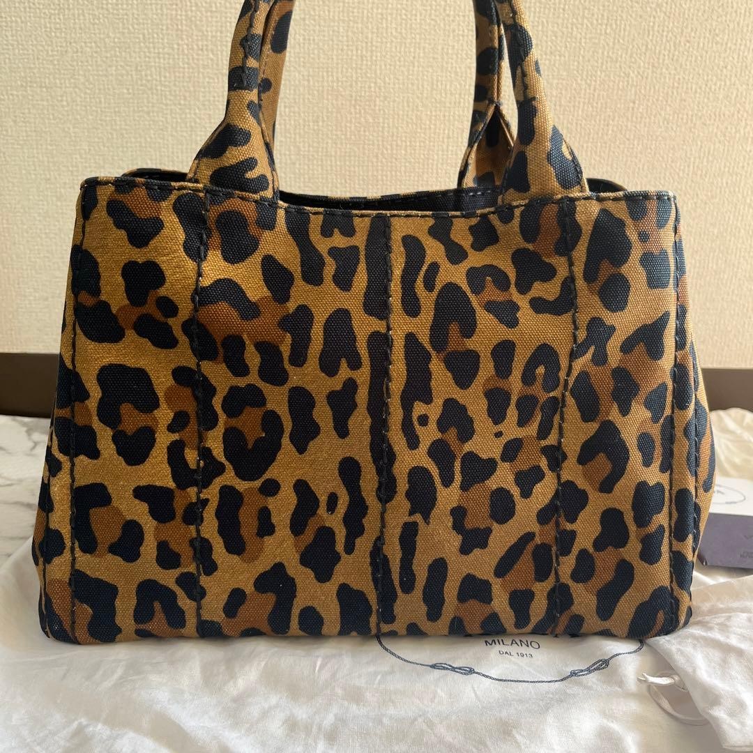 PRADA Canapa Leopard Print 2Way Tote Bag Brown Canvas USED from Japan #SA