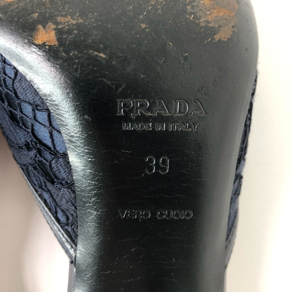 Prada Retro Vintage Buckle Lace Detail Pointed Toe Heeled Mules Pumps 39