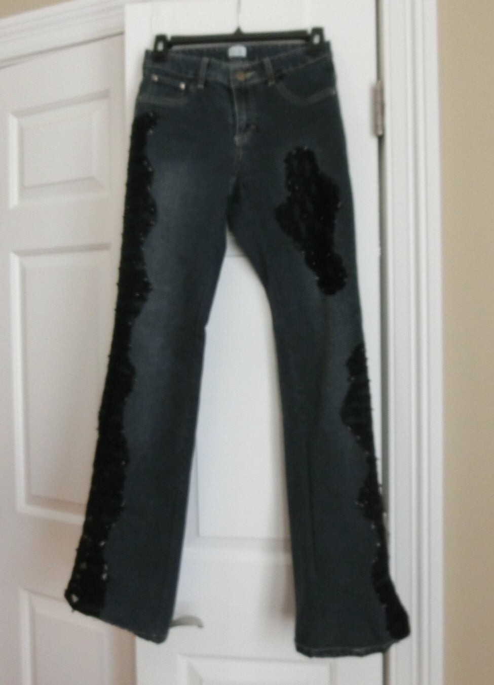 Cache Bootcut Jeans Black Lace Beaded Asymmetric Design Size 0