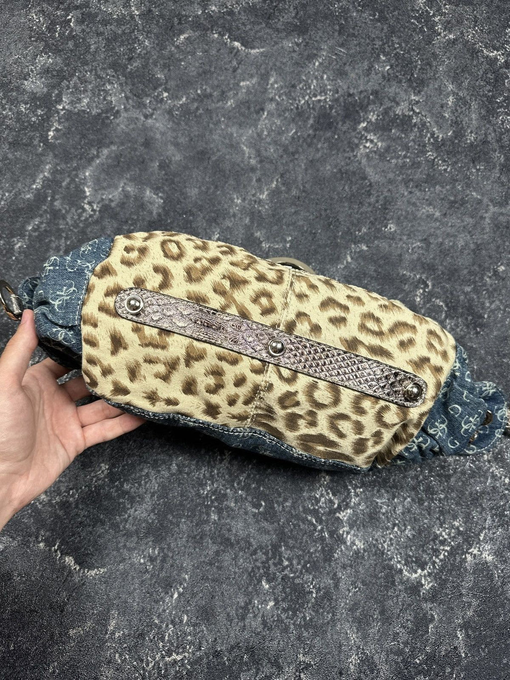 NEW Vintage Y2K Guess Leopard Pattern Denim Baguette Mini Handle Bag Women's