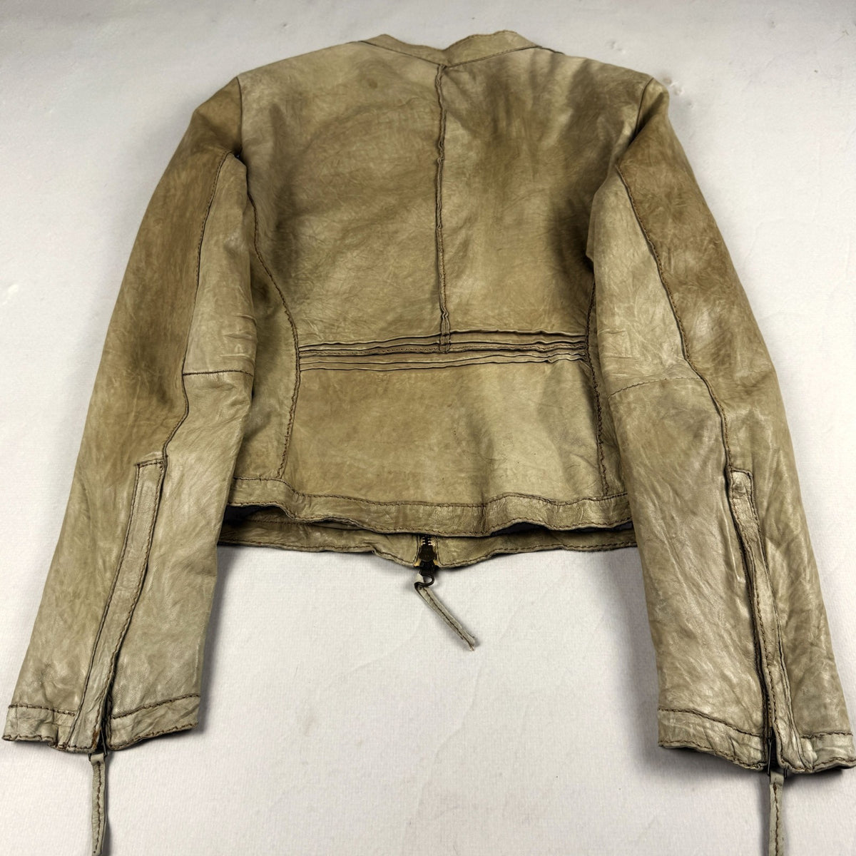 Vintage Beige Genuine Leather Cropped Moto Jacket