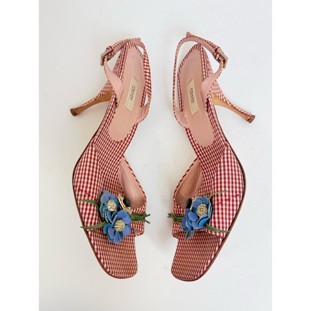 Vintage Prada 2000's Gingham Floral Slingback Heels