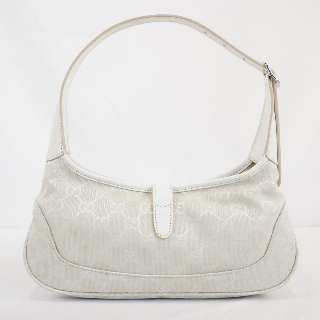 Gucci Jackie Slim Medium Shoulder Bag In Ivory GG Canvas W/ White Leather Trim