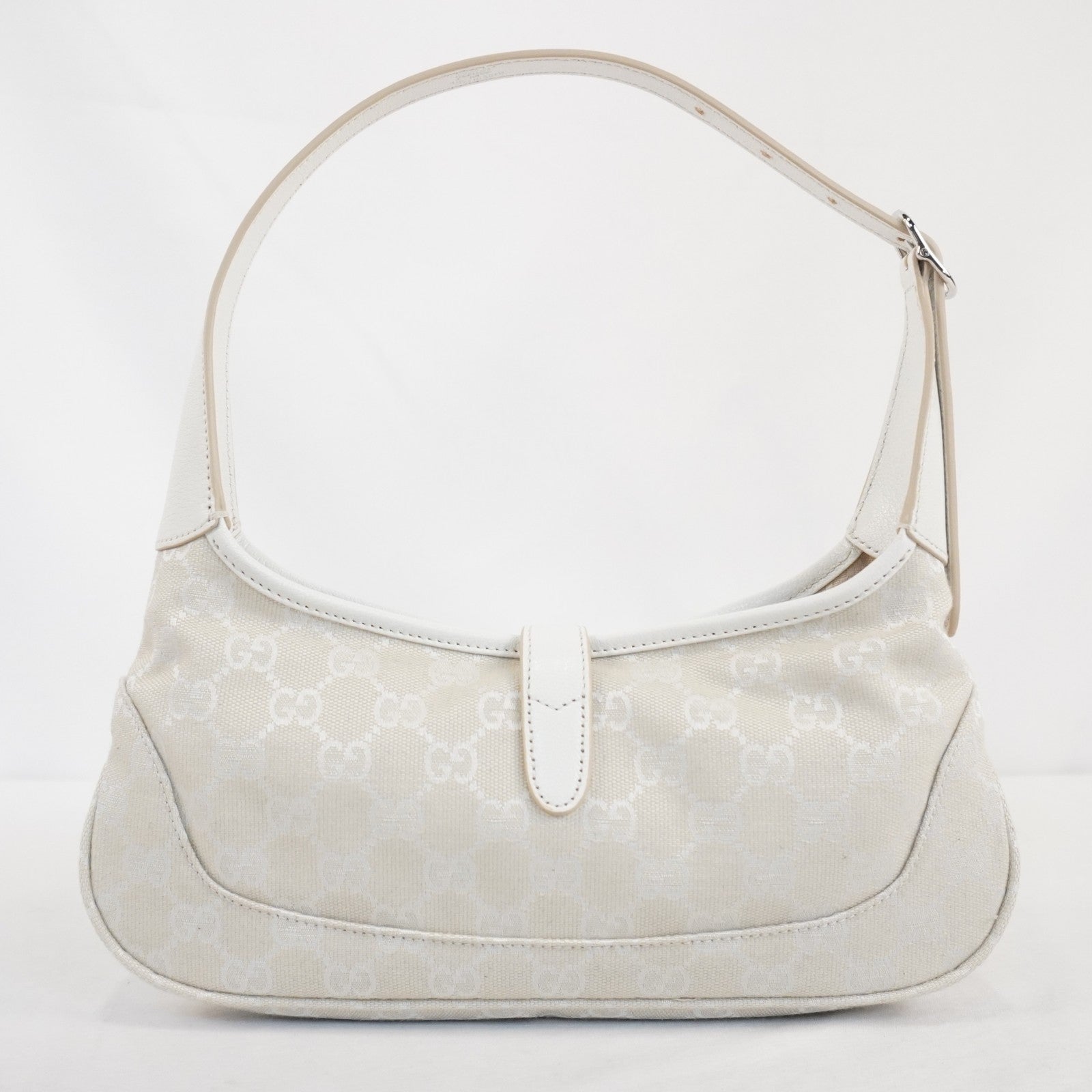 Gucci Jackie Slim Medium Shoulder Bag In Ivory GG Canvas W/ White Leather Trim