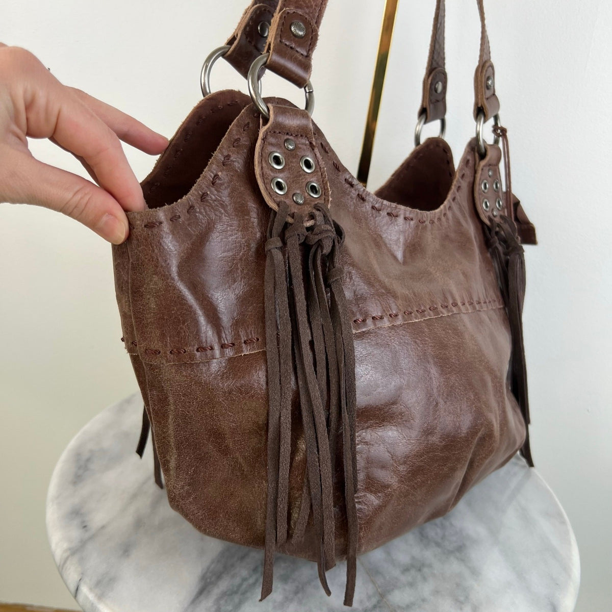 The Sak Brown Leather Fringe Western Shoulder Hobo Bag